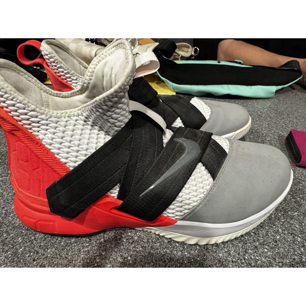 Nike Size 12.5 LeBron Gray Orange White Soldier 12 Flash Crimson EUC A17